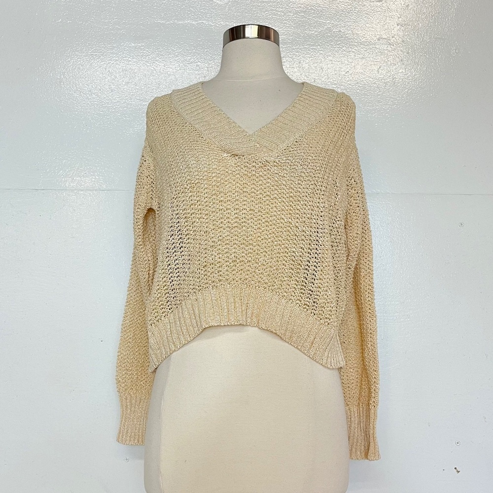 Mango Loose Fit V Neck Open Knit Mesh Top Cropped Sweater Cream Ivory Beige